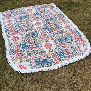 Vintage Bates colorful twin size bedspread blanket sheet with Fringe Mid Century